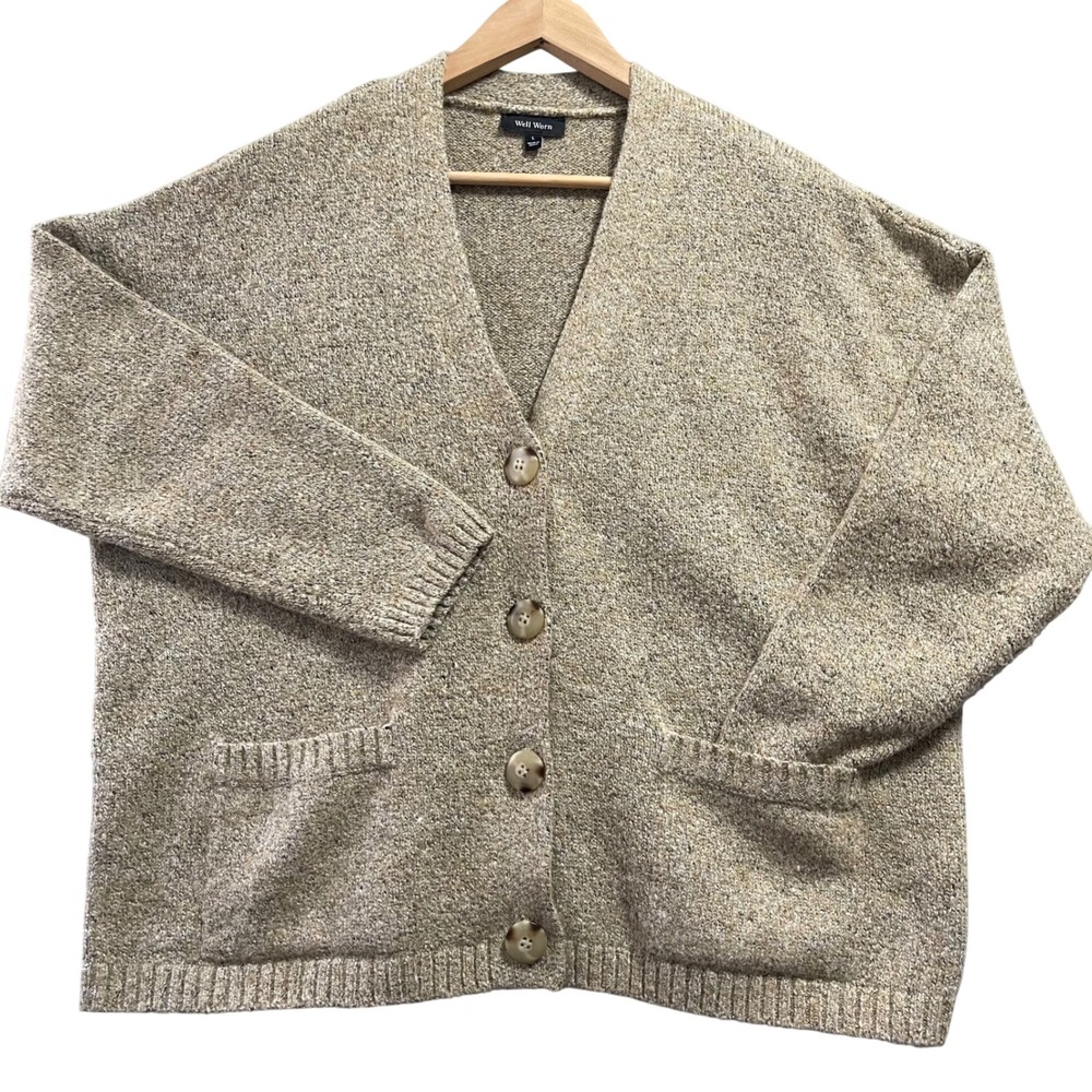 Well Worn Cardigan Women Wool Blend L Oatmeal Marled Oversized Boho Academia